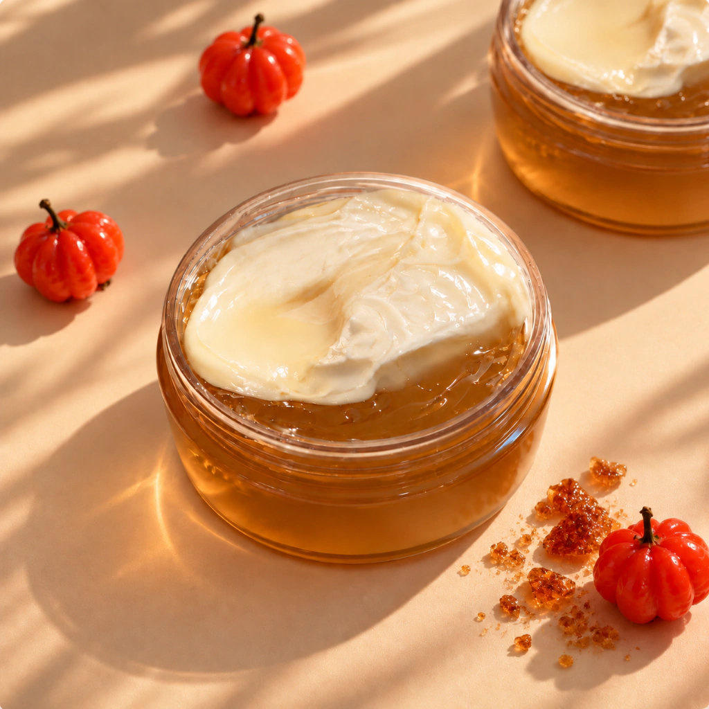 Geleia corporal Crème Brûlée & Pitanga aberta entre pitangas frescas